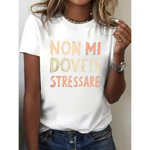 Women's Italian text print, relaxed fashion, summer and spring wear Graphic T-Shirt - 100% Cotton Short Sleeve Crew Neck Regular Fit Casual Wear | Soft & Breathable Fabric, Durable Print, Everyday Comfort, Machine Washable, casual, modern, minimalist