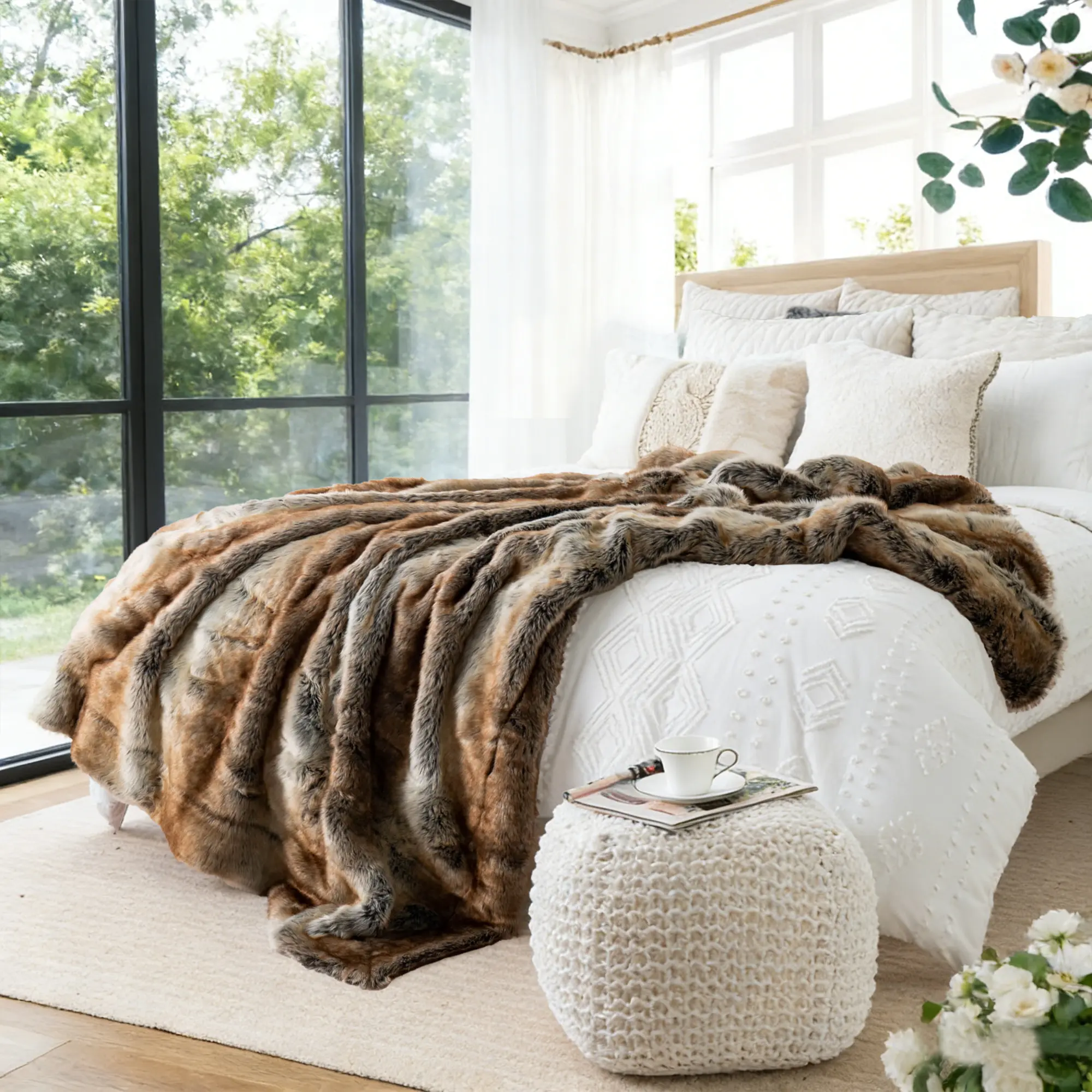 Battilo Large Brown Faux Fur Reversible Blanket - 60"X80" Double Sided Fluffy Cozy Plush Velvet Decorative Sleeping Throw Blanket for Bed, Fluffy Blanket
