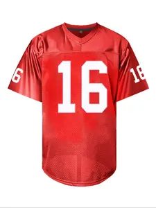 Men's American Football Stylish Jersey 16 red Vintage Embroidered Casual Training T-Shirt, Sporty V-Neck Short Sleeve, Loose-Fitting Long Tee