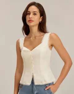 rihoas Women's Solid Beige V-Neck Polyester-Spandex Button Vest - Chic, Fit, Hip Design with Lace Tie-Back, Stylish Women's Top,summervibes