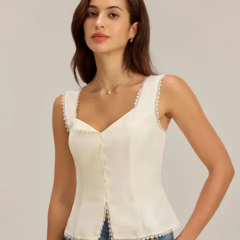 RIHOAS Women's Slim-Fitting Sleeveless V-Neck Vest Top - Chic Fitted Dressy Top with Lace Overlay, Knot Tie, Button-Front, Hip-Hugging Solid Polyester-Spandex Apparel for Daily Wear