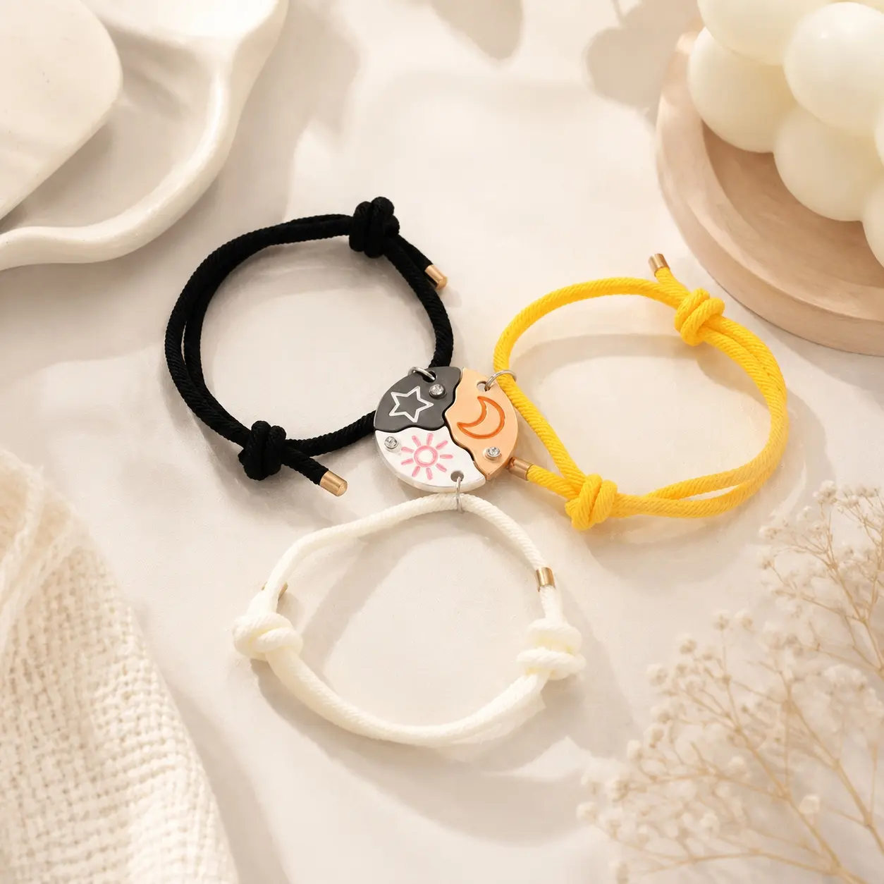 Best Friends Bracelet for 3, Sun Moon Star Cloud Magnetic Puzzle Bracelets Set,Puzzle Pendant Matching Friendship Jewelry Gifts for Party & Back to School Hypoallergenic