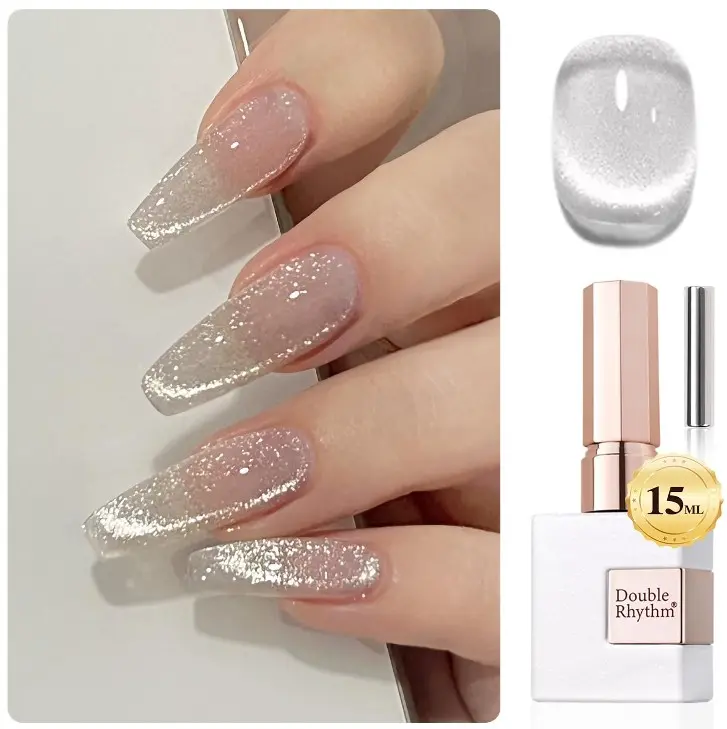 Double Rhythm 0.5 OZ Cat Eye Gel Polish with Magnet 15ML Holographic Glitter Shimmer Translucent Jelly Color Magnetic Polish Salon DIY at Home (Silver-MC1019)