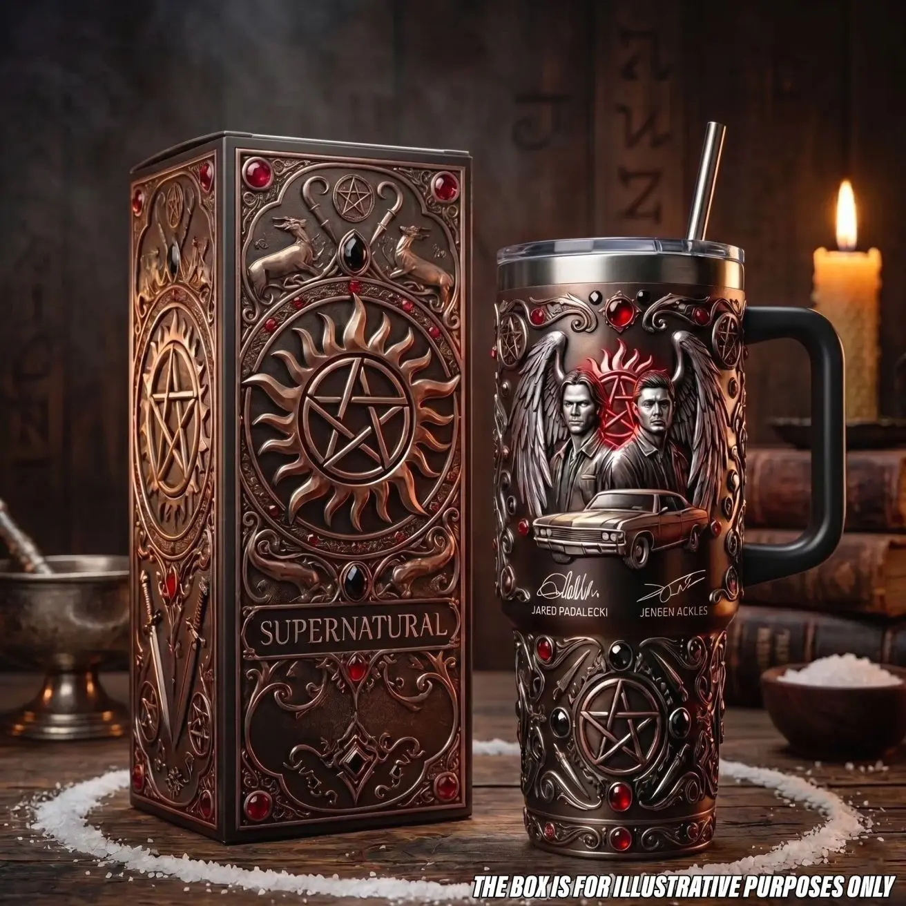 Supernatural Sam & Dean Winchester 40oz 30oz 20oz Tumbler , Insulated Stainless Steel Travel Mug, Chevy Impala & Anti-Possession Symbol Cup, Fantasy TV Show Fan Gift, Straw Lid Drinkware