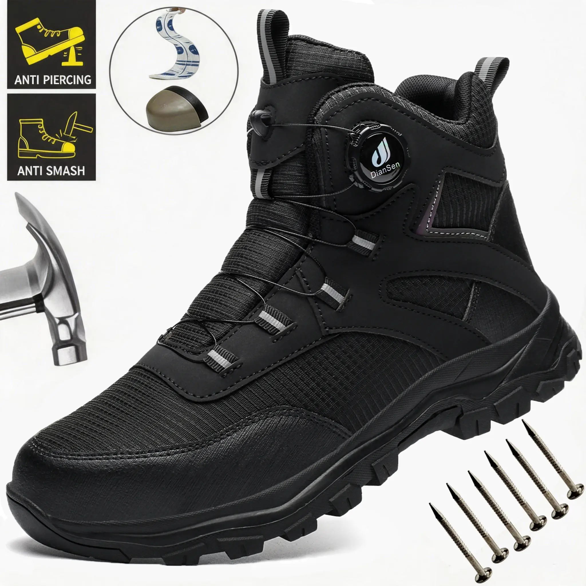 Men's Black High Top Steel Toe Safety Boots Breathable Lightweight Anti-Smash Puncture Resistant Comfortable Slip Resistant Wear-Resistant Impact Protection Work Boots for Outdoor Hiking & Worksites