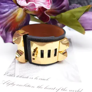 Pre-owned Hermes Gold Tone Black&Gold Rivet Wide Bracelet