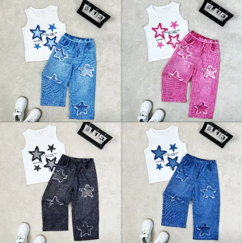 Girls Outfit Star Decorated Sleeveless Tank Top & Distressed Denim Pants Set 2-Piece For 2-8Y Kids,Ready STOCK 152504042-1