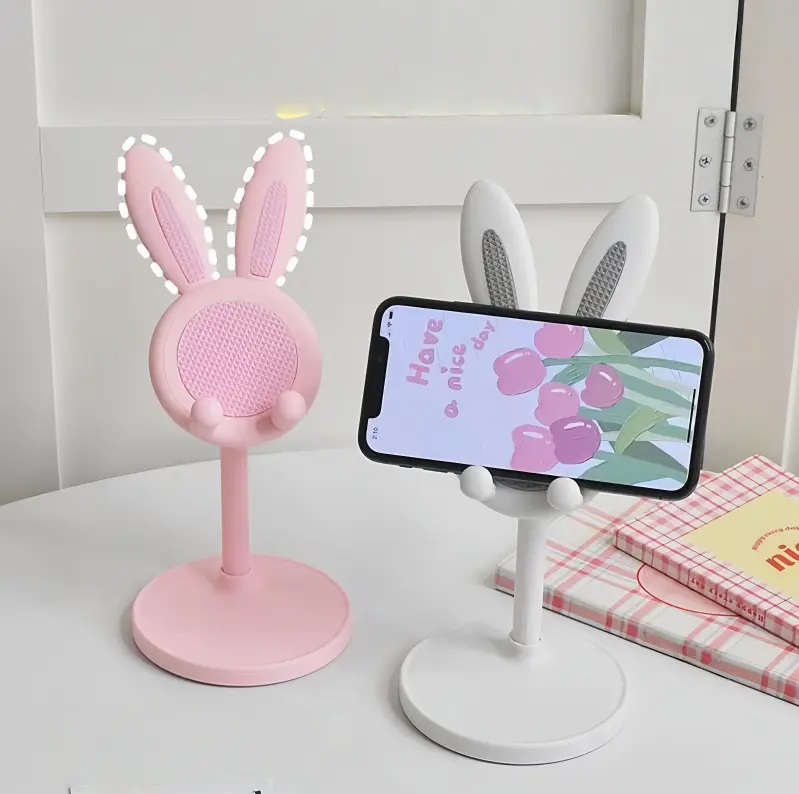 2 Pack Cell Phone Stand Angle Height Adjustable Bunny Phone Stand for Desk Cute Rabbit Phone Holder Stand for Desk Pink and White