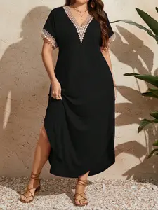 Women's Plus Size Lace Patchwork Dress, Casual Loungewear Home Wear, Comfortablepajamas & Stylish Design, Perfect for Daily Use