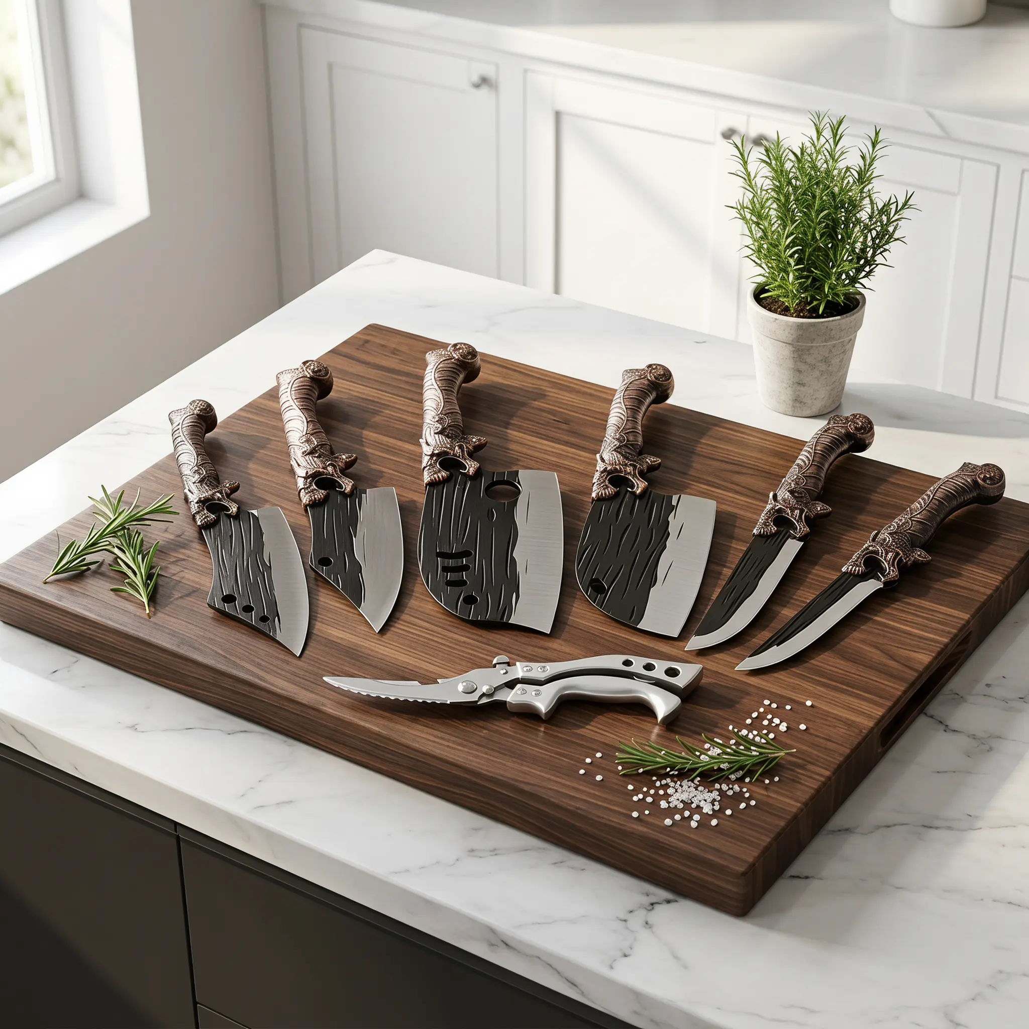Newly upgraded 7-piece set of thickened kitchen knives, professional kitchen chef's knife set, hand forged multi-knives-boning knife-knife-fish knife-kitchen scissors, knife deboning duck fish scissors super sharp bone scissors, gifts for parents.