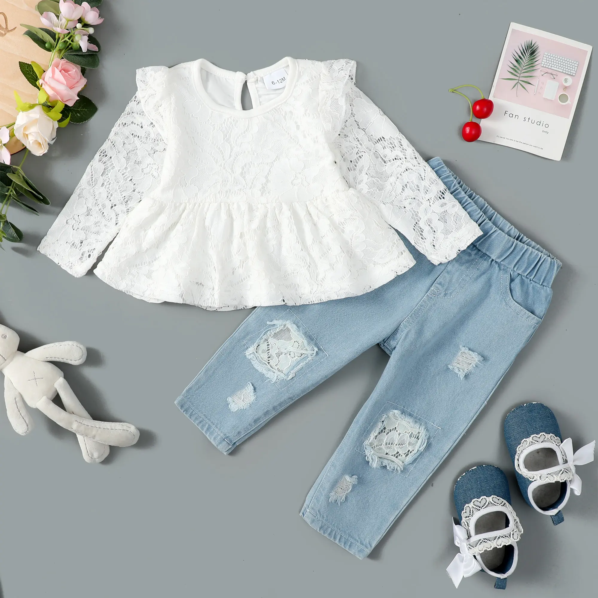 Ready Stock 2Pcs Infant Toddler Baby Girls Ruffle Sleeve Lace Floral Shirt Tops Denim Jeans Pants Outfits Set 112205312