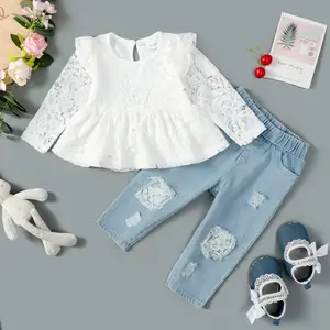 Ready Stock 2Pcs Infant Toddler Baby Girls Ruffle Sleeve Lace Floral Shirt Tops Denim Jeans Pants Outfits Set 112205312