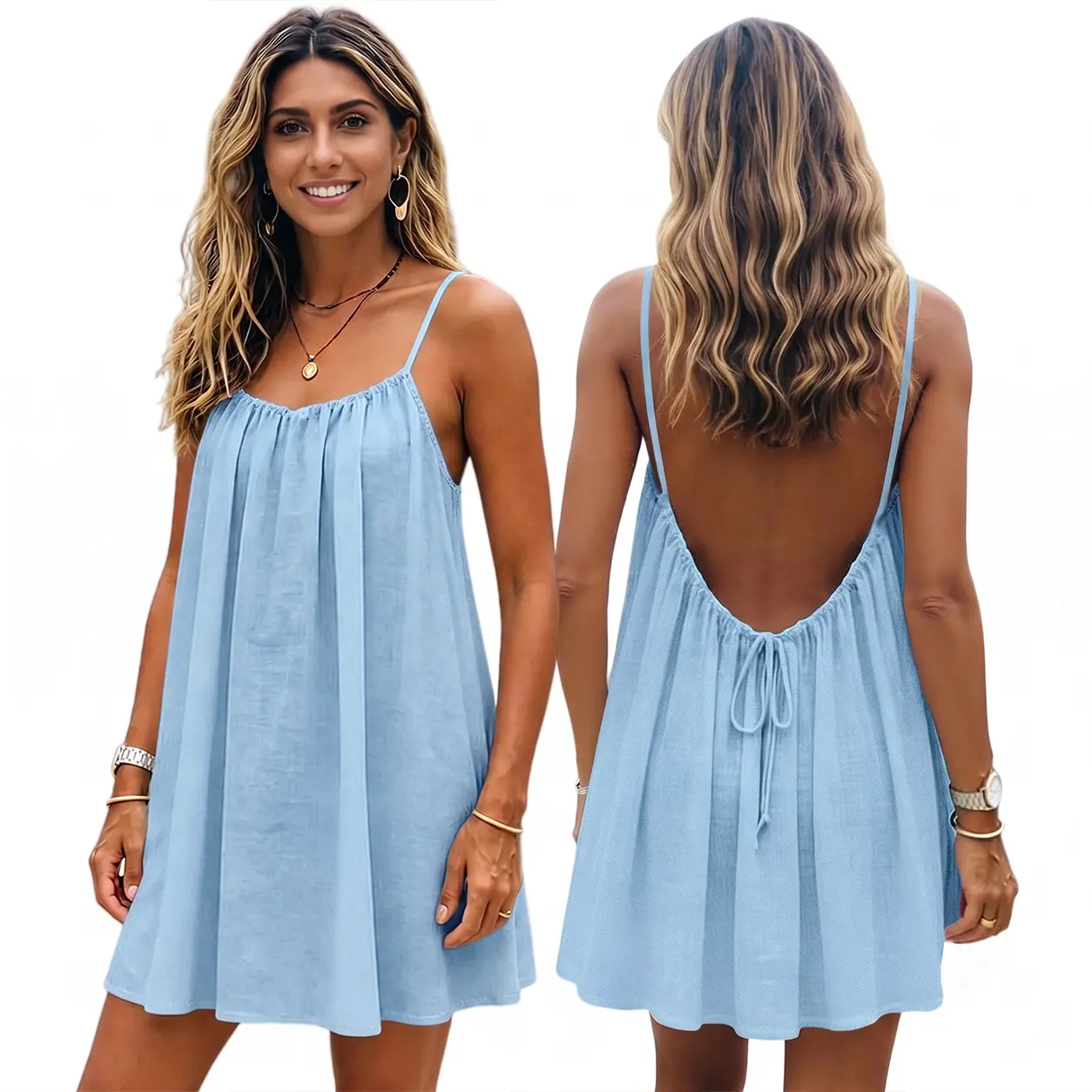 Women's Solid Color Backless Spaghetti Strap Cami Short Dress, Casual Minimalist Sleeveless Short Dress for Summer, Ladies Clothes for Beach Holiday Vacation, Backless Short Dresses, Womenswear