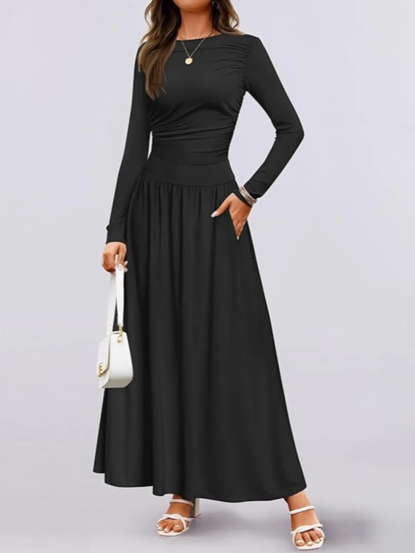 Elegant and fashionable knitted high elasticity fabric, boat collar double pocket design, elegant and fashionable long sleeved dress, women's dress, Fit, Womenswear, Chic, Lady