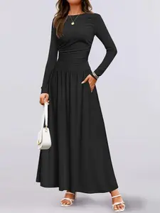 Elegant and fashionable knitted high elasticity fabric, boat collar double pocket design, elegant and fashionable long sleeved dress, women's dress, Fit, Womenswear, Chic, Lady