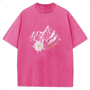 Vintage Mountain Edelweiss Print Washed T-Shirt, Nature Scenery Retro Graphic Tee, Casual Loose Short Sleeve Top 2026 New Color Scheme outdoorfun