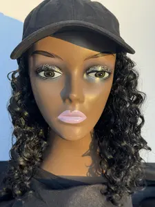 Hat Wig with Curly Black Hair Color