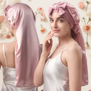 100% Mulberry Silk Bonnet Double-Layered 22 Momme Real Silk Sleep Cap with Elastic Band for Long Curly Hair Women Long Hair Hair Styling Accessory Pink