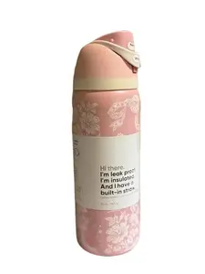 32 oz  Ribbon Toile Tumbler - Leakproof Insulated Water Bottle Button Drinkware in Pink