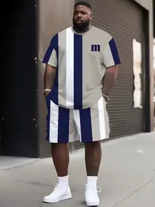 Men's Plus Size 3D Printed Sports Leisure Short Sleeve and Shorts Set, Loose-Fitting Geometric Pattern for All Seasons, Sportswear All Seasons