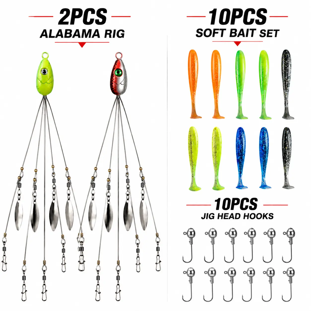 2-Pack 5-Arm Alabama Rig Kit with 10 Jig Head Hooks and 10 Paddle Tail Swimbaits, Umbrella Rig Fishing Lure Set with 4 Willow Blades for Bass and Freshwater Fishing