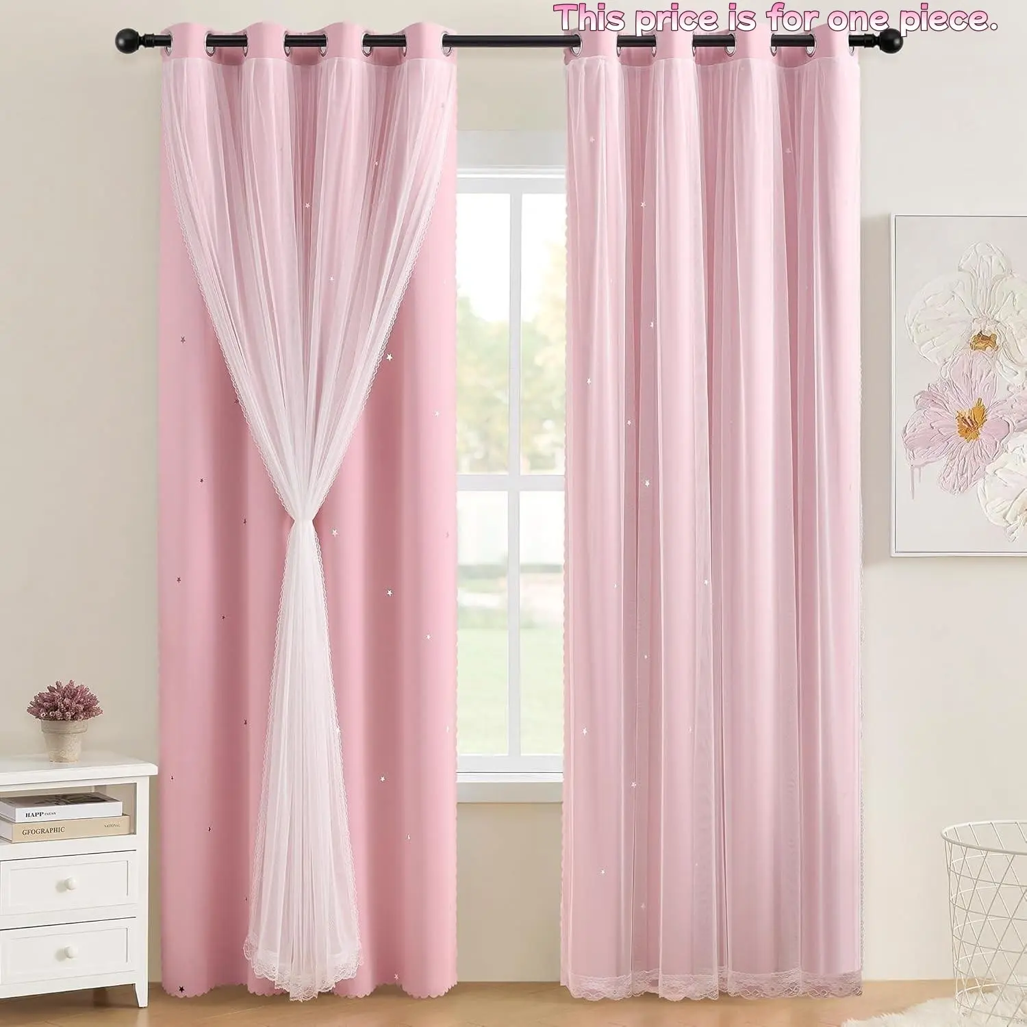 1PC Adorable Princess Style Window Curtain for Girls' Room, Modern Minimalist Double Layer Sheer, Polyester Curtain, Luxe Light Blocking, Room Decor Curtain, Home Decoration Curtain, Suitable for Living Room & Bedroom, Home Decorative Curtain