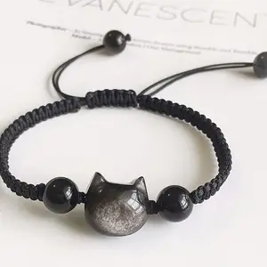 Strawberry Cat Crystal Bracelet, Lucky Charm String, Friendship Gift, Couples Obsidian, Zodiac Year Weaving Rope, Durable, Daily Wear