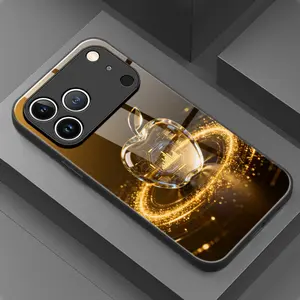 Technology Art Golden Apple Pattern Glass Smartphone Case - Cellphone Protector Accessory for iPhone 11,12,13,14,15,16,17 Plus Pro Max - Handheld Device Shield
