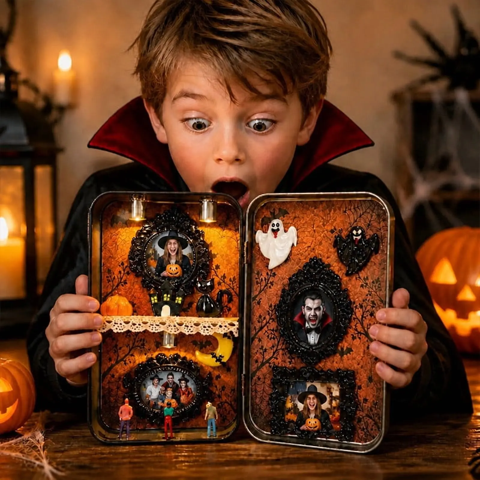 Spooky House Halloween DIY Mini Museum Silhouette Box,Personalized Photo Frame Shadow Box, Unique Memory Display Case, Keepsake Holder, Aesthetic Room Decoration, includes 4 Mini Frames & 3 Figurines, Mini Tin Diorama Halloween Shadow Box