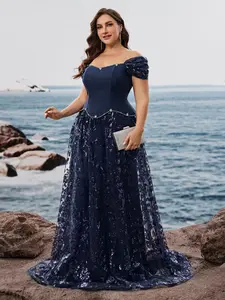 Plus Size Waist Cinched Pearl Embellished A-Line Maxi Formal Party Dress, Sequin Floral Mesh Wedding Bridesmaid Gown, Sexy Sleeveless Fitted Dress