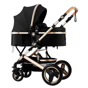 Luxury Baby Stroller 2 in 1 with Bassinet Mode Foldable Infant Stroller High Landscape Reversible Stroller Travel Pram Baby Carriage (Black)