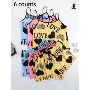 Plus Size Heart & Letter Print Bow Decor Pyjama Set, Casual Comfortable Camisole & Elastic Waist Shorts Pj Set, Women's Sleepwear for All Seasons