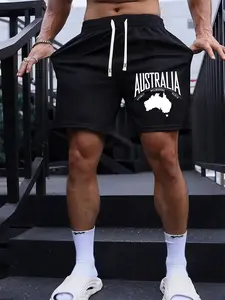 Men's "Australia Map" Athletic Shorts, Breathable Fitness Shorts - Australia Map Print Black Drawstring Shorts, Aussie Streetwear with Drawstring Waist, Soft Breathable Mesh Athletic Shorts, Perfect for Street Style, Casual Outings and Summer Wear