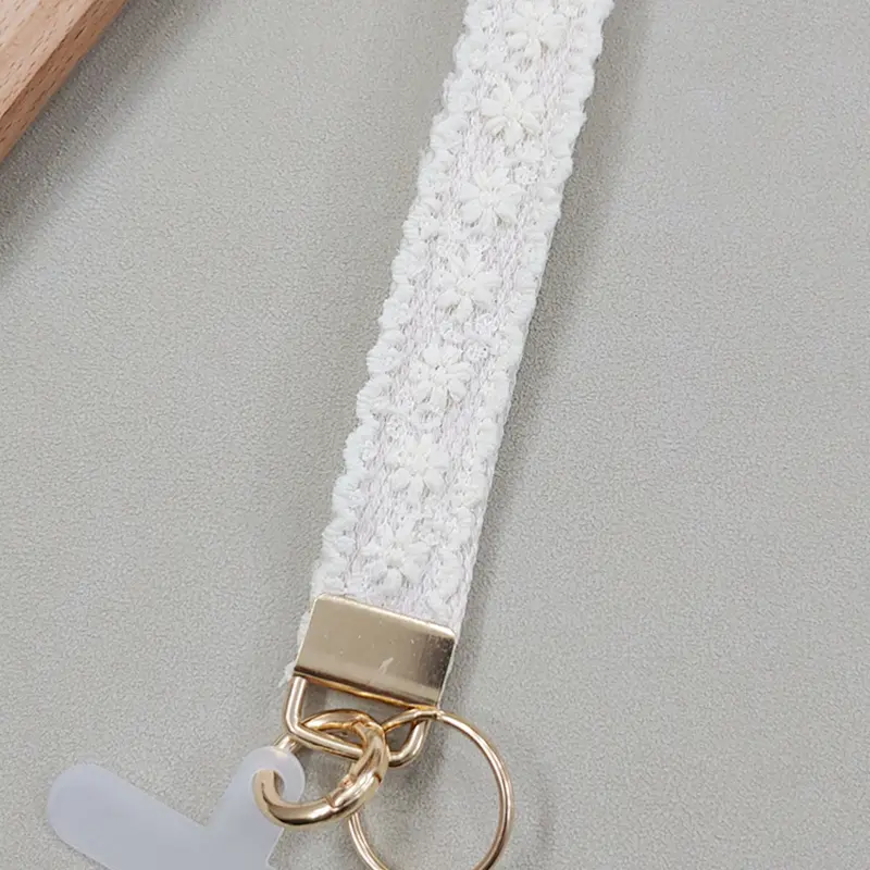 Boho Lace Keychain Strap, Handmade Embroidered Fabric Alloy Key Ring, Universal Phone Lanyard Tab for iPhone 16/17 Pro Max, Women's Fashion Accessory Phone Chain Wristlet, Cell Phone Wristlet for smartphones, Cellphone Accessories