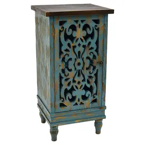 eHemco Wooden Rustic Dual Storage Shelf Rectangle End Table with Carved Legs for Living Room, Teal