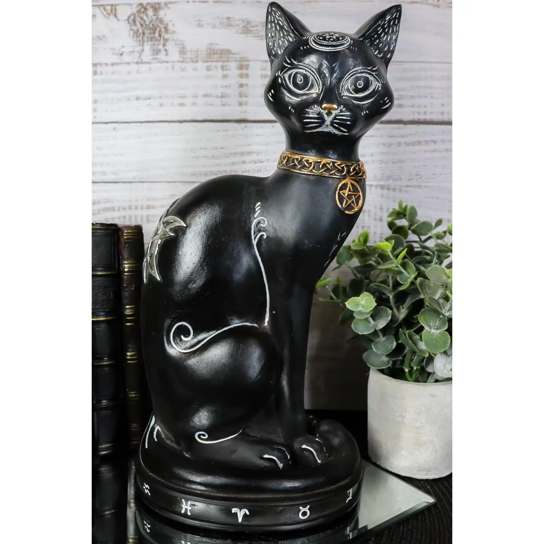 Wicca Halloween Black Cat Figurine with Pentagram Necklace, Alchemy Symbols - Polyresin Resin Sculptures, Home Decor Ornaments for Home Supplies