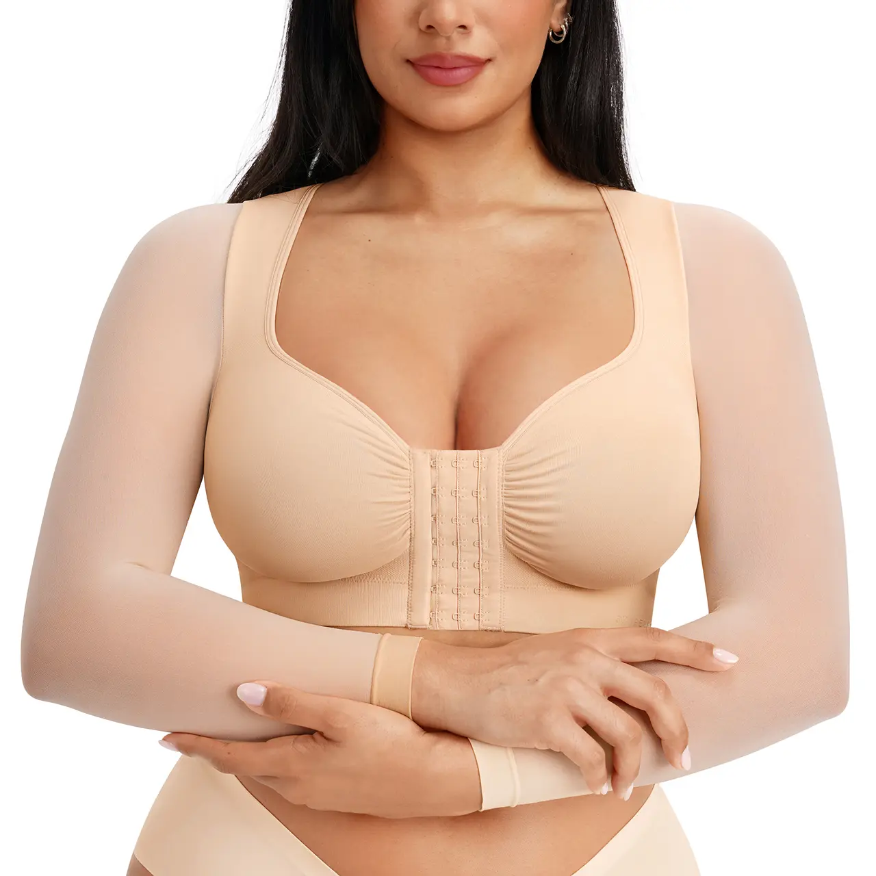 SHAPELLX MistWeave Back Smoothing Front-Closure Long-Sleeve Top Shaping Seamless Double Layer Removable Pad Shapewear Womenswear