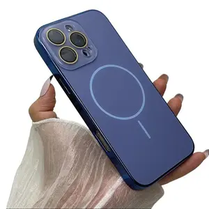 Luxury AG Matte Plating Frame Hard Phone Cases for iPhone 16 15 14 Plus 16 15 14 13 12 11 Pro Max Magnetic Glass Lens Film Protective Case for Magsafe Wireless Charging Full Back Cover Cellphone Protection Black for iPhone 15 Pro Max Case - Smartphone