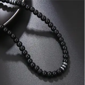 Men's Classic Punk Necklace with Beaded Black Volcanic Stone and Black Gypsum - Minimalist and Vintage Style