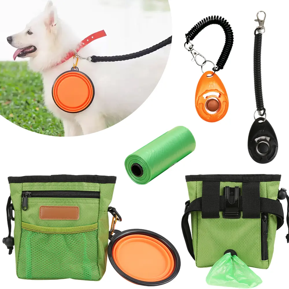 Dog Treat Training Pouch Tool Kit with Clicker, Bowl, Poop Bags, Adjustable Strap - Hands-Free Pet Storage Bag for Treats, Kibble, Toys - 3-Way Wear for Training Walks