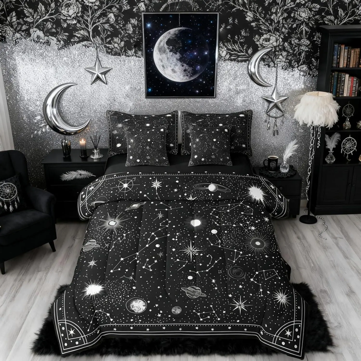 Constellation Comforter Set with Sheets | Cosmic Galaxy 7 Piece Bedding Set Universe Planet Bed in a Bag,Starry Sky Stars Zodiac Room Decor Black Gothic Decor