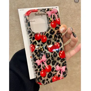Luxurious And Cute Pink Bow Leopard Print Cherry Bow Phone Case, Suitable for Iphone 11, 12, 13, 14 Plus, 15, And 16, 17 Pro Max.