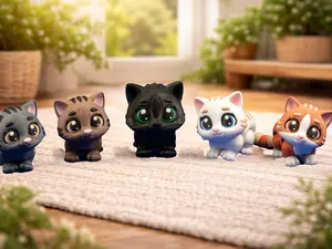 Moon-Eyed Cat – 3D Printed Desk Companion – Toe Bean Variants Available Adorable Oversized Eyes Articulated Design Four Variants with Sculpted Toe Bean Paw Details