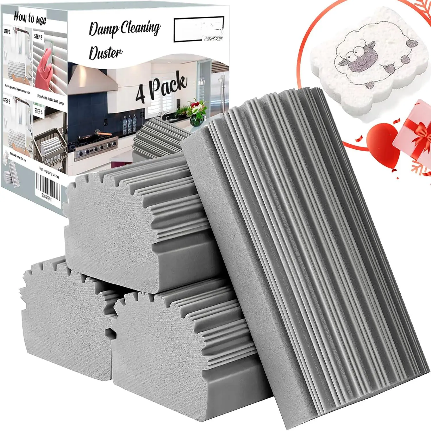 4-Pack Damp Clean Duster Sponge and 1- Pack Cellulose Dishwasher  Brush for Cleaning Blinds Glass Baseboards Vents Railings Mirrors Window Track Grooves Faucets