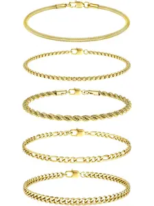 5 Pcs Golden Silvery Stackable Mixed Chain Bracelets for Women Men Stainless Steel Trendy Set Composed of Herringbone Figaro Rope Paperclip Curb Chains with Unique Textures Hypoallergenic Solid Construction for Daily Stacking Versatile Fashion Matching