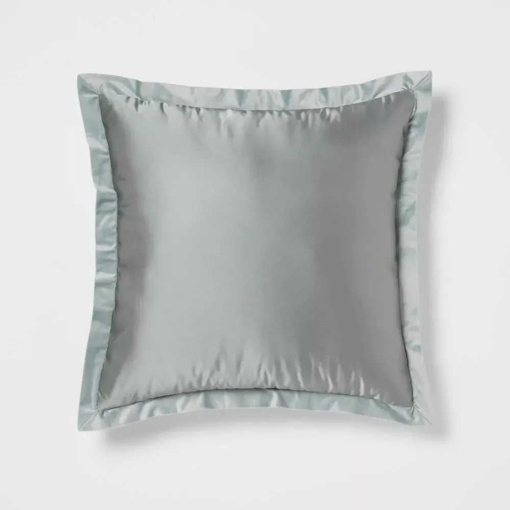 24"x24" Luxe Euro Sateen with Velvet Trim Decorative Pillow Light Teal Green - Threshold