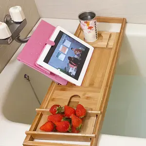 Bamboo Bath Tray Bathtub Caddy,Luxury 29.4-42.9 inches Expandable Tub Holder Rack with Wine Glass Holder,Shower Reading Pad Holder W/Phone Slot