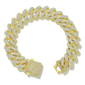 7/8/9 inch Hip Hop Cuban Link Chain Bracelets Gold Color Rhinestone 12mm Iced Out Bracelets Punk Wristband Men Jewelry
