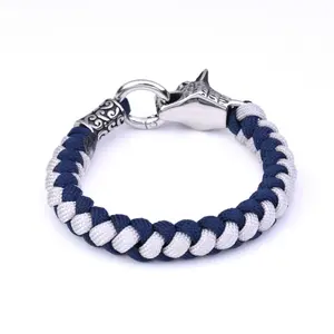 1pc Viking-Inspired Wolf Head Men's Link Bracelet - Bohemian Style Durable Outdoor Jewelry with Umbrella Rope Woven Design, Dark Blue & White Braided Cord, Intricate Wolf Head Charm - Valentine's Day Gift for Him, Robust Construction
