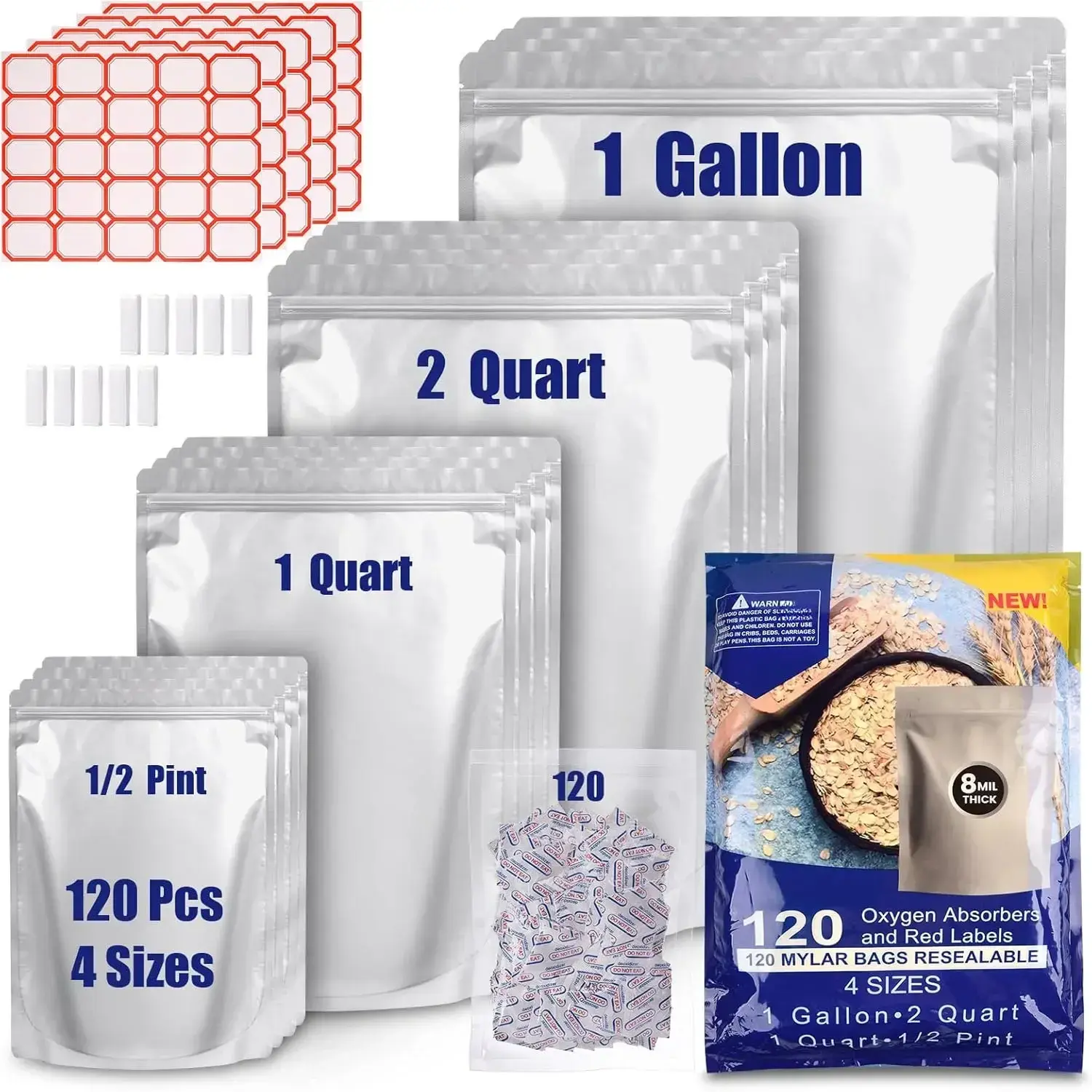 Mylar Food Storage Bags with Oxygen Absorbers (120 Pcs, 4 Sizes: 1gal, 2qt, 1qt, 1/2pt) - Leak-Proof, Stand-Up Zipper, Resealable, Heat-Sealable Kitchen Preserving Containers for Freshness Retention, Mylar Bags